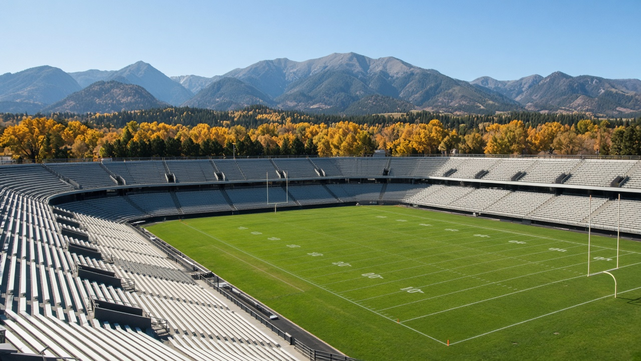 Empty college football stadium in the mountains at midday with empty seats, green turf yard lines and autumn trees beyond the stands, photoreal, no people, text or logos