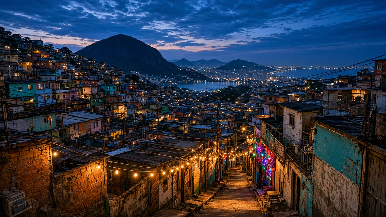 Hillside Rio de Janeiro neighborhood at blue hour with stacked brick homes, tangled power lines and an empty staircase alley lit by string lights, no people, no text, no logos