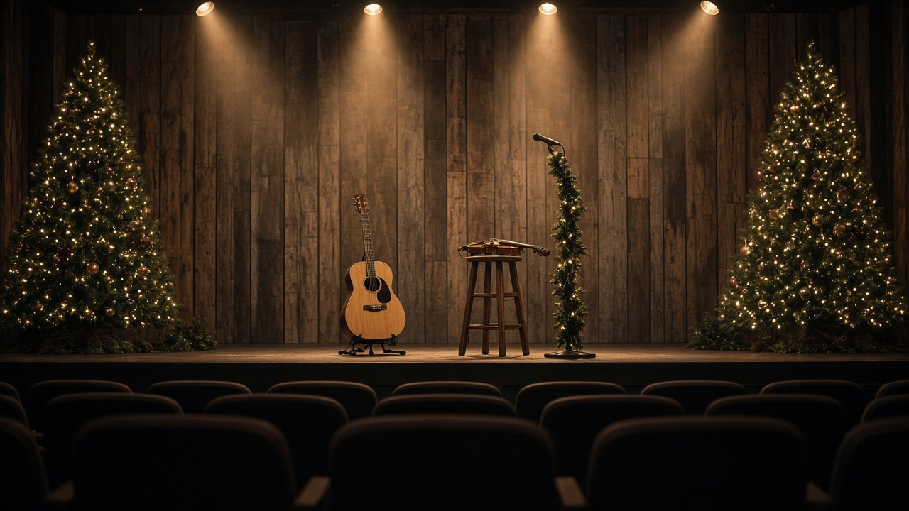 An empty Nashville concert stage with an acoustic guitar, a fiddle on a stool, a garland-wrapped microphone and two lit Christmas trees