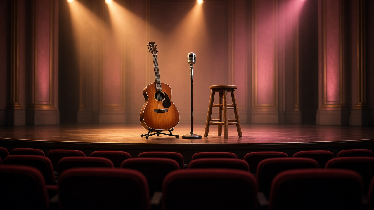 Empty theater stage under warm amber spotlights with an acoustic guitar on a stand, a vintage microphone and a wooden stool