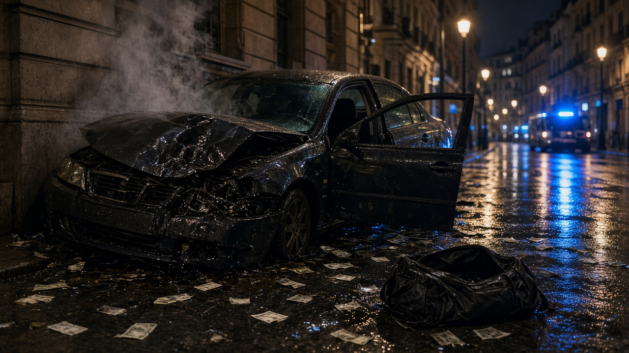 Crashed black sedan with open doors on a rain-soaked city street at night, banknotes scattered beside a duffel bag and blue emergency lights in the distance, no people, no text, no logos