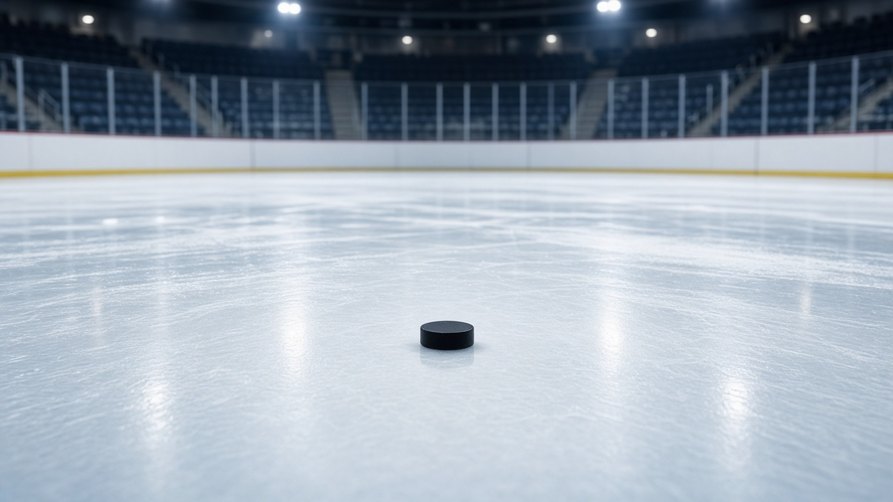 Empty ice rink under arena lights with a blurred puck near center ice and darkened seats
