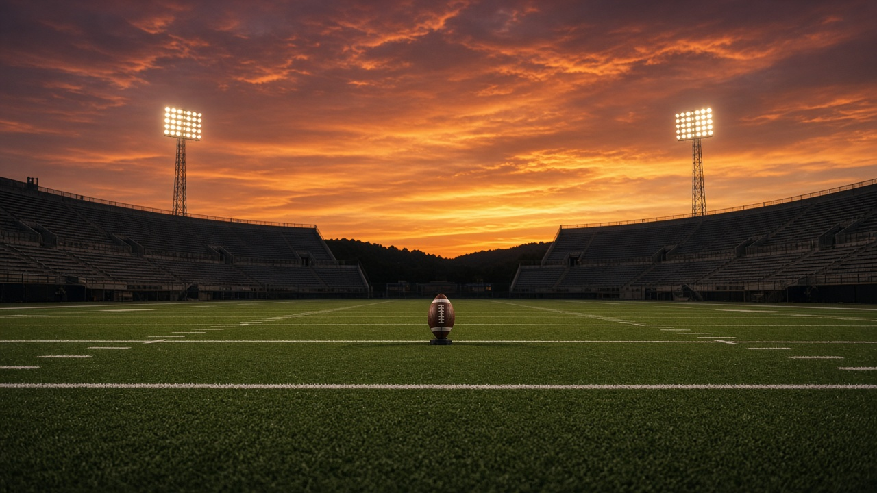 Empty college football stadium at sunset with stadium lights on, a football on a kicking tee at midfield and empty bleachers under an orange sky