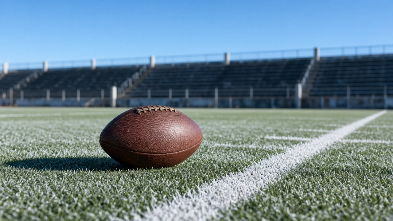 A football resting on frosty turf beside a white sideline in an empty stadium under a clear winter sky