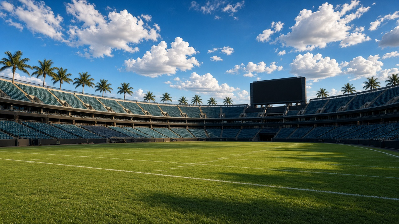 Huge empty open-air football stadium on a sunny afternoon with palm trees above teal seat tiers, a green grass field with plain white yard lines and a blank video board, no people, no text, no logos