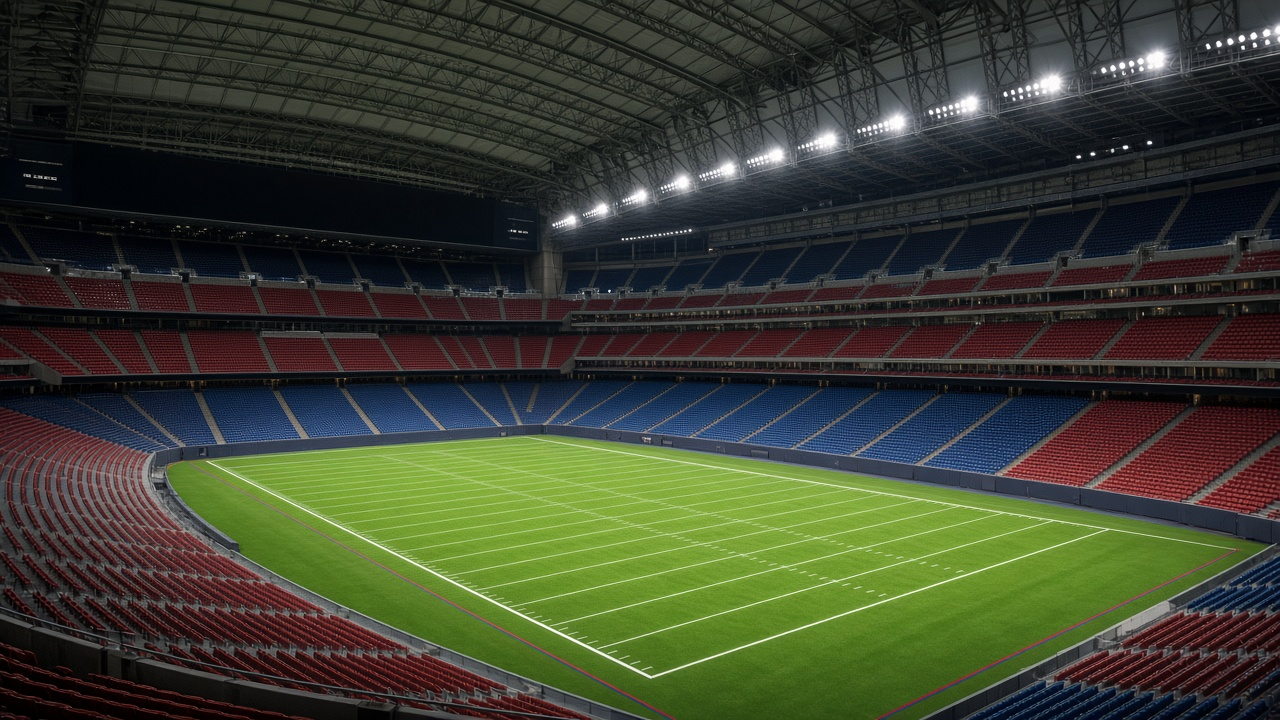 Empty indoor football stadium with a lit green field under a closed roof, no people