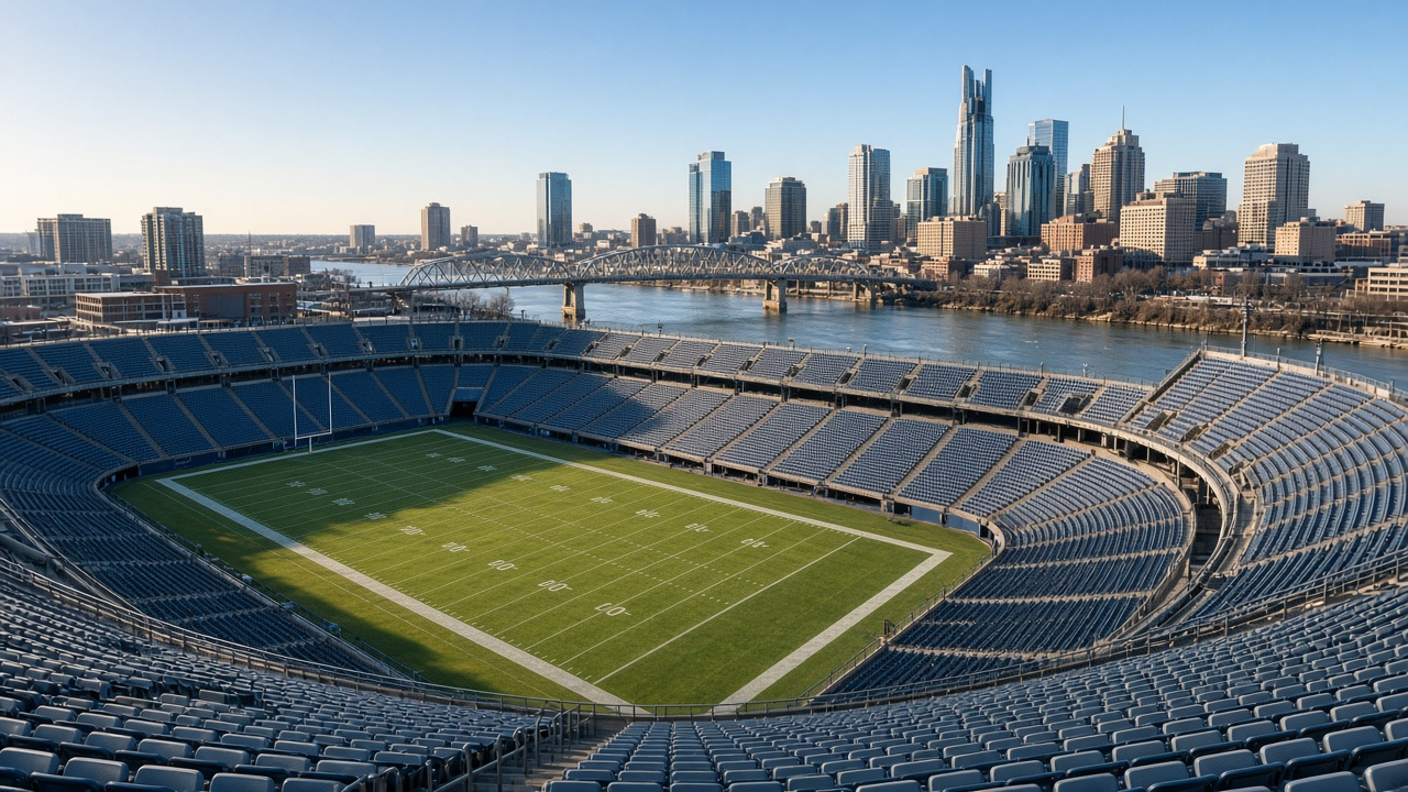 Empty open-air football stadium on a riverbank across from a downtown skyline on a clear December day, no people