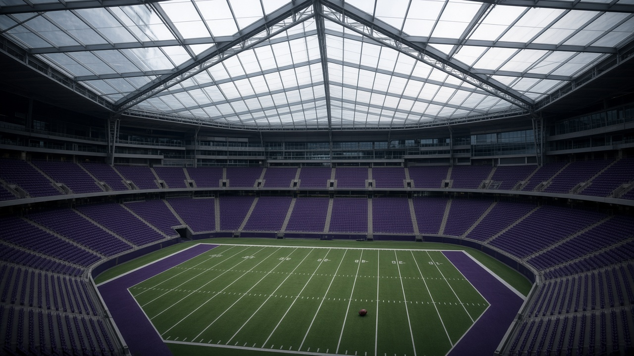 Empty indoor football stadium under a sloped translucent roof, empty purple seats rising in tiers and a football resting on the turf at midfield