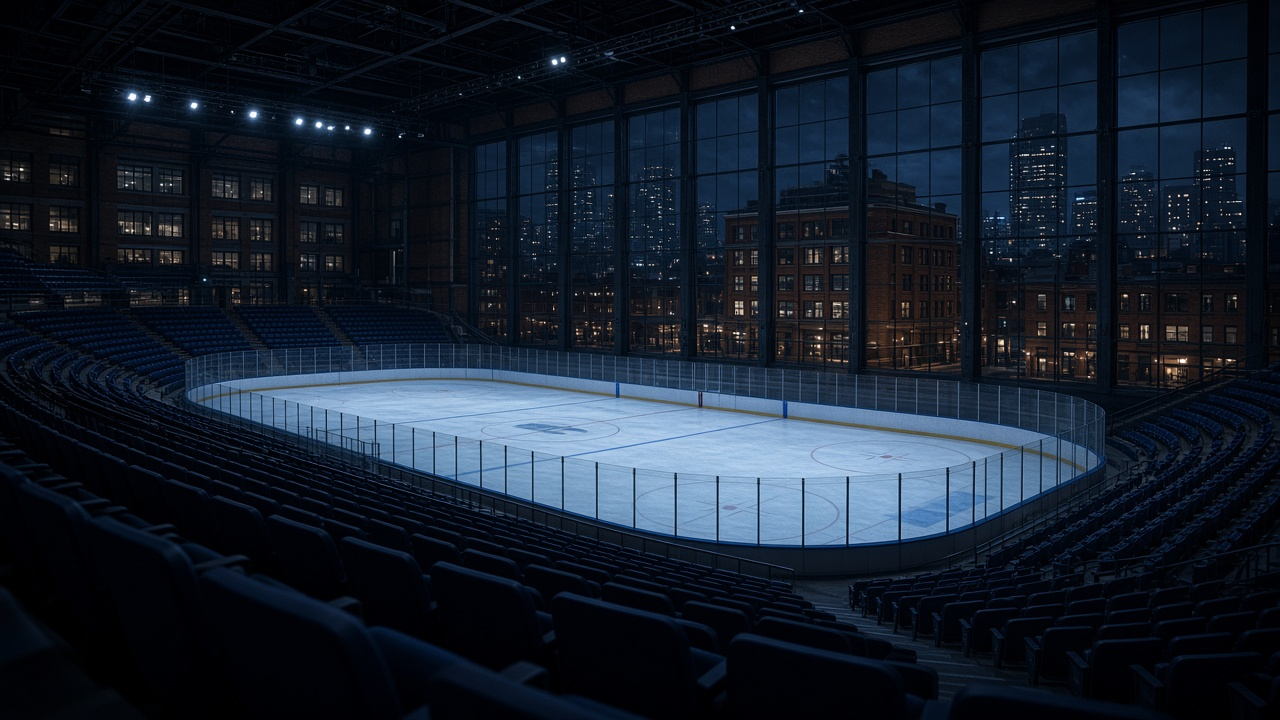 Empty downtown hockey arena with bright ice and rows of empty navy seats, no people