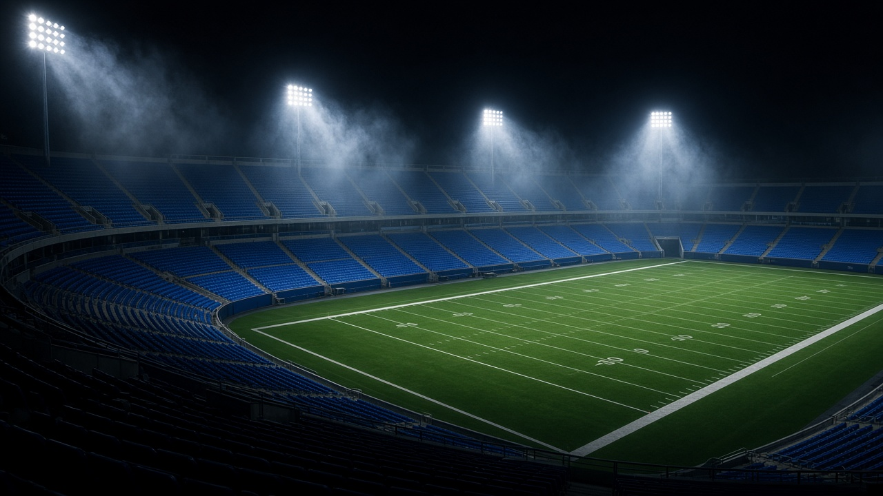 Empty open-air football stadium at night under bright lights with rows of empty blue seats, no people