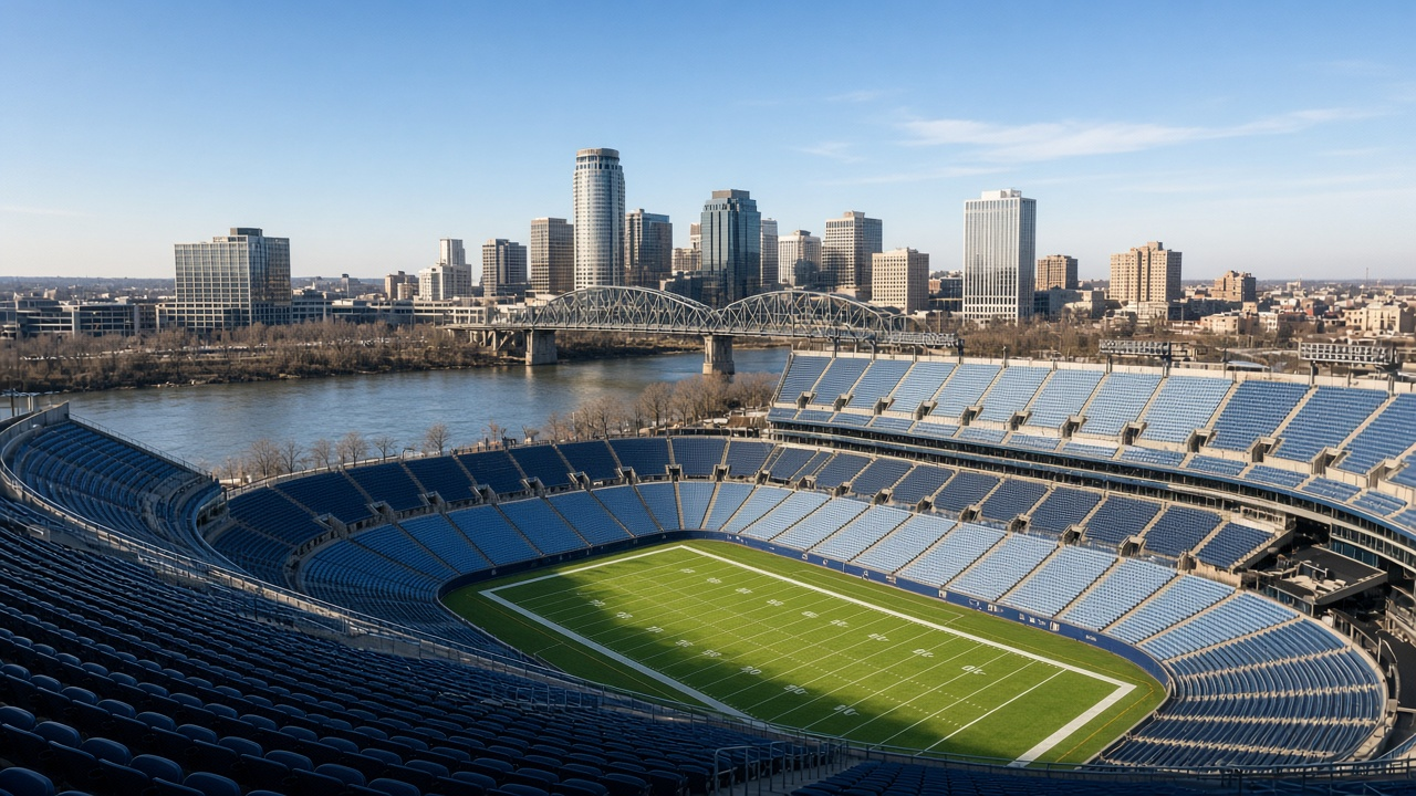 Empty open-air football stadium beside a river with a downtown skyline beyond, no people