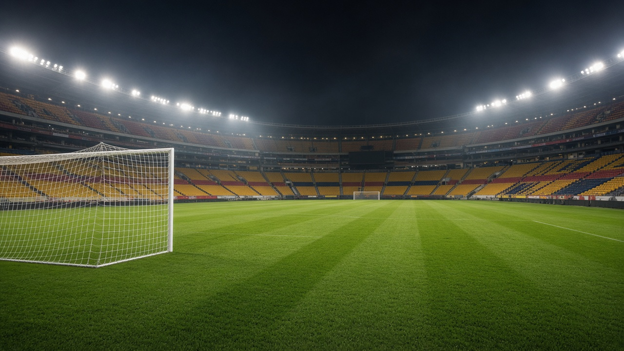 Empty soccer stadium at night under floodlights with a goal and net in the foreground