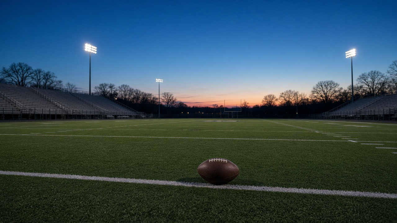 An empty college football field at dusk with stadium lights on and a football resting on a white line