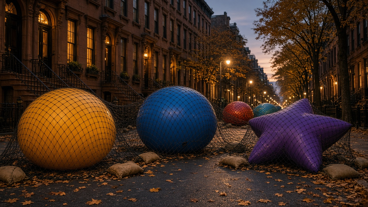 Giant round and star-shaped parade balloons resting under netting on a tree-lined city street at dusk