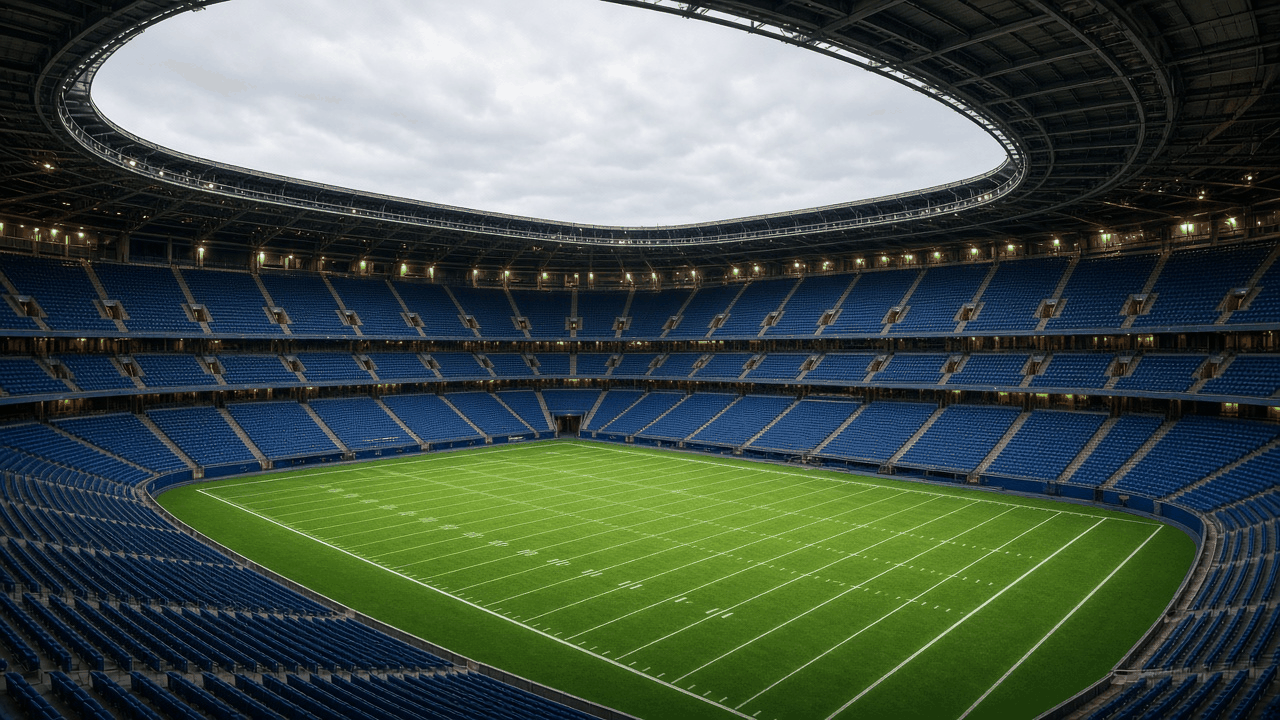 Empty domed football stadium with its roof open above green turf, with no people, text or logos