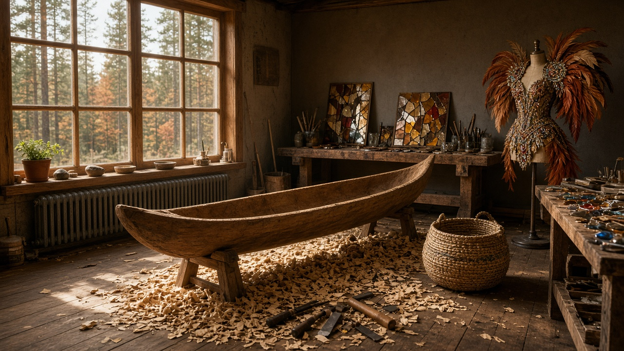 An empty craft workshop with a hand-carved wooden canoe on sawhorses, mosaic stained glass panels, a woven basket and a feathered costume on a dress form