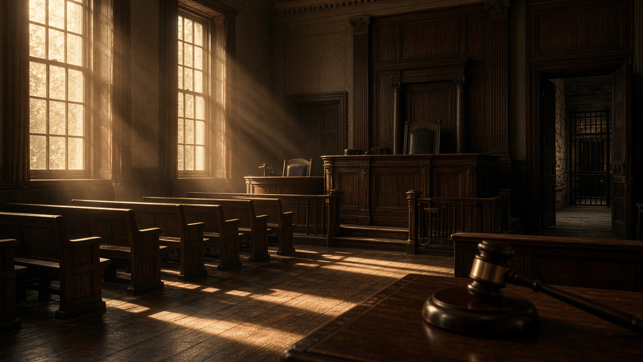Empty historic wooden courtroom lit by shafts of golden window light, with a gavel in the foreground and a barred corridor beyond a doorway, no people, no text, no logos