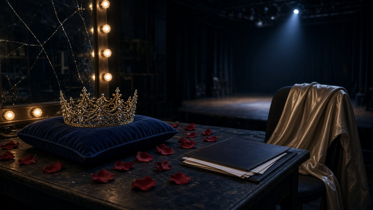 Jeweled pageant crown on a velvet cushion at an empty backstage vanity with a cracked bulb-lit mirror and rose petals, no people, no text, no logos