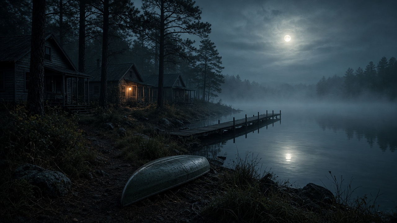 Foggy lake at night beside an old summer camp, with weathered wooden cabins under tall pines, one porch light glowing, a long wooden dock reaching into still water, an overturned canoe on the shore and a full moon reflecting on the lake