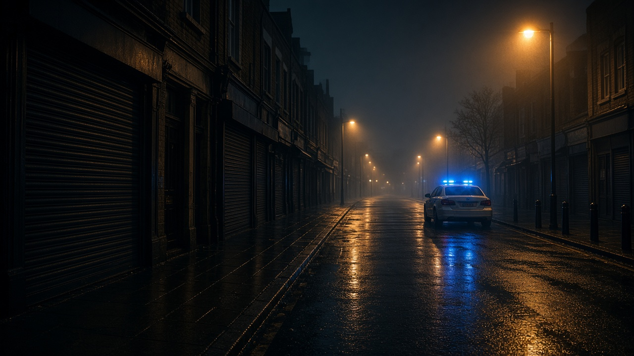 Empty rain-soaked British high street at night with shuttered shops, glowing streetlights and a parked police car with blue lights