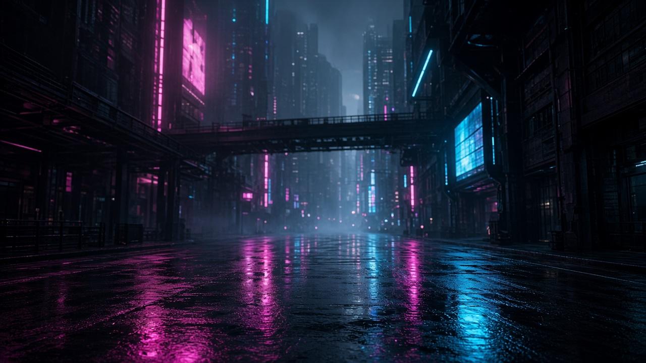 Empty rain-soaked futuristic city street at night glowing with magenta and cyan neon light, wet pavement reflections and towering buildings, photoreal, no people, text or logos