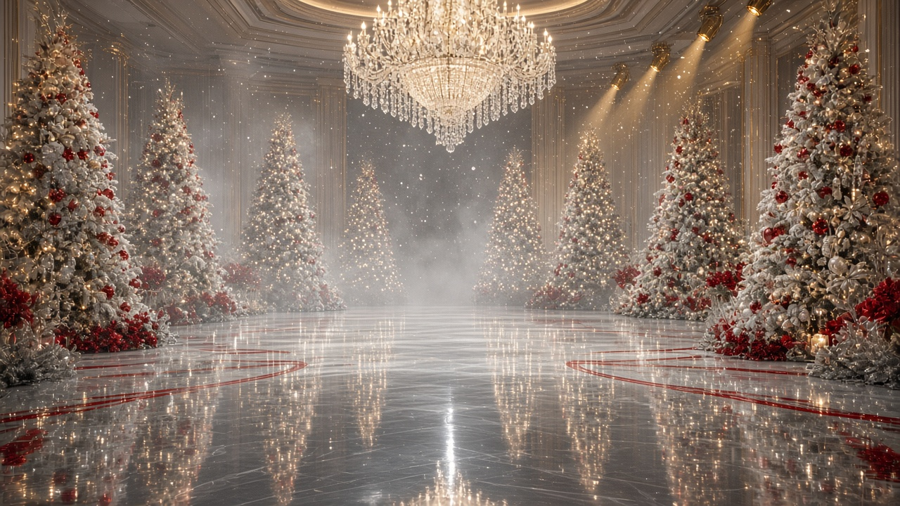 An empty mirrored ballroom dance floor lined with flocked Christmas trees in warm lights under a crystal chandelier and gold spotlights