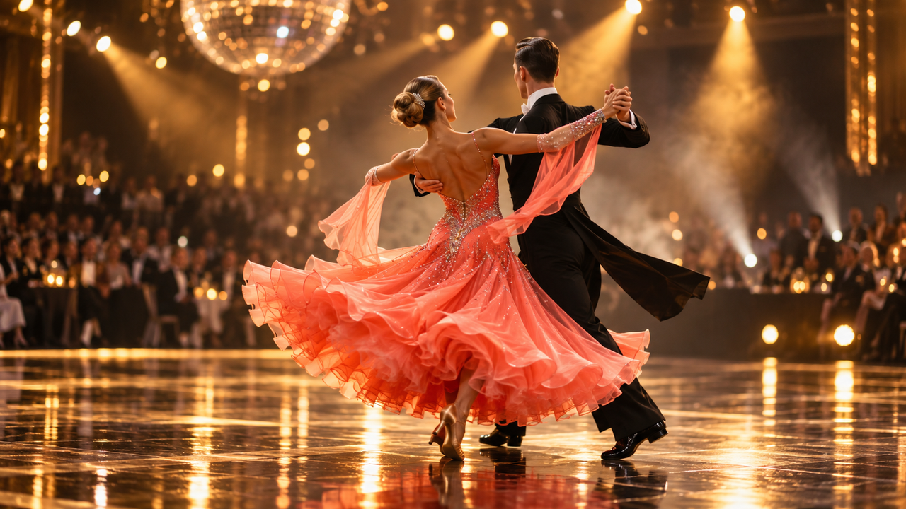 Couple in sparkling ballroom costumes mid-spin on a glossy dance floor under warm stage lights