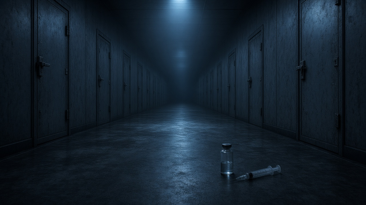 Dim corridor of identical metal doors fading into darkness under a cold blue light, with a glass vial and syringe on the floor, no people, no text, no logos