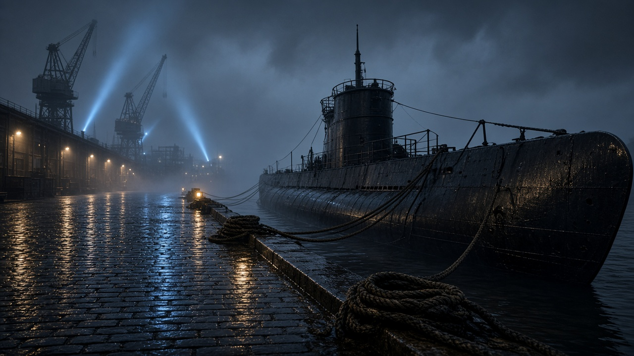 Dark WWII-era submarine moored at a foggy, rain-slick shipyard quay at night with harbor cranes and searchlight beams