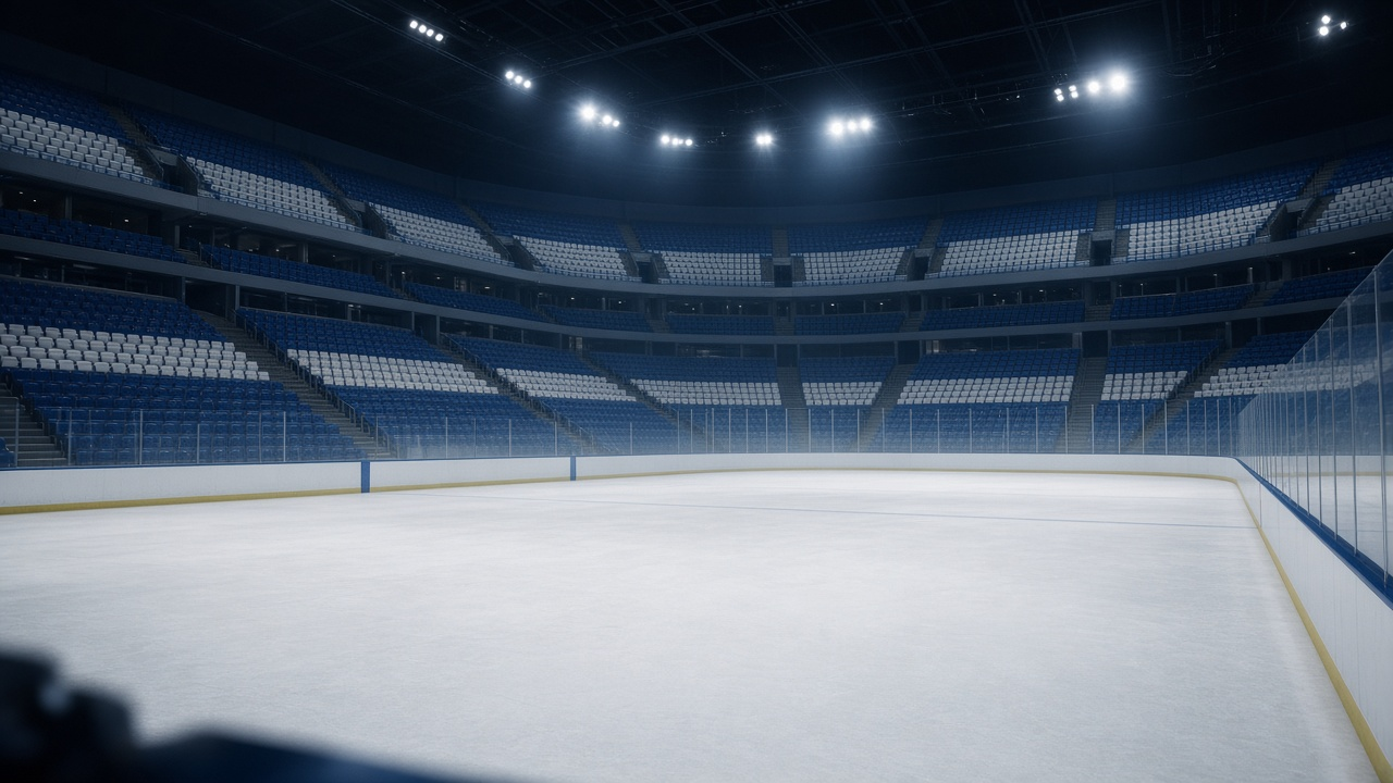 Empty NHL arena interior with bright rink lights over unmarked ice and cool blue-white empty seats, no people, logos or text