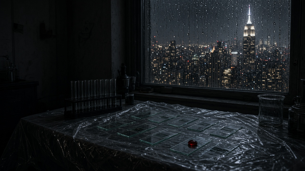 Dark city apartment at night with a desk lamp lighting glass slides, a roll of plastic wrap and a leather case on a wooden table beside a rain-streaked window