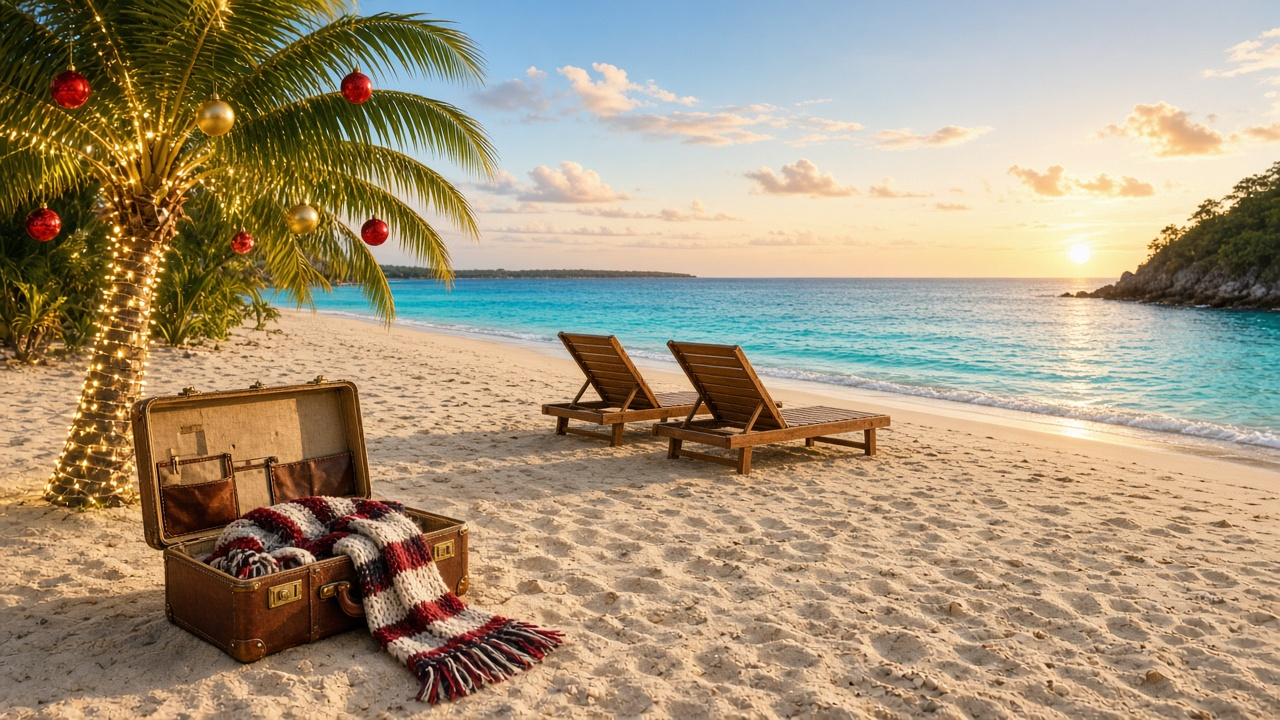Tropical beach at golden hour with a palm tree wrapped in Christmas lights and ornaments, an open suitcase and two lounge chairs