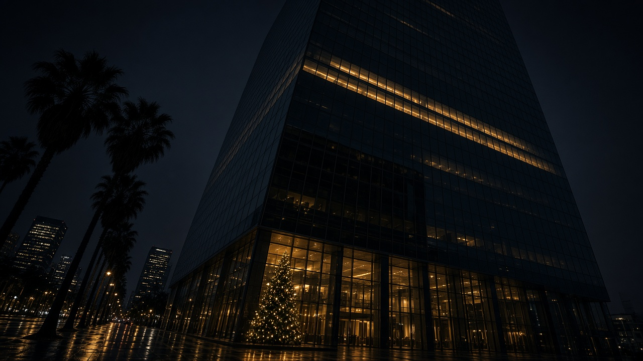 A tall glass office tower at night with a few lit upper floors and a glowing Christmas tree in the lobby window, palm trees in silhouette and wet pavement reflecting the city lights