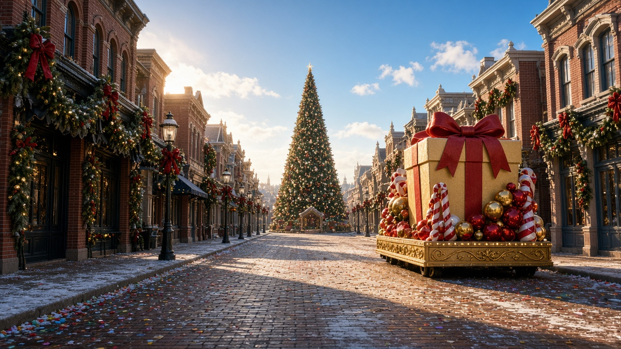 An empty storybook main street on Christmas morning with garland-draped brick shopfronts, a gift-box parade float, confetti and a giant Christmas tree