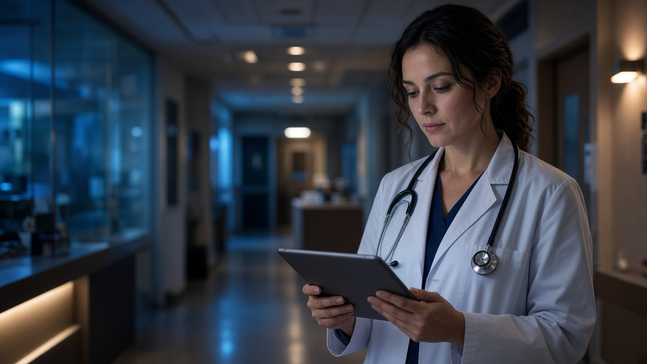 Doctor in a white coat with a stethoscope reading a tablet in a dimly lit hospital corridor at night