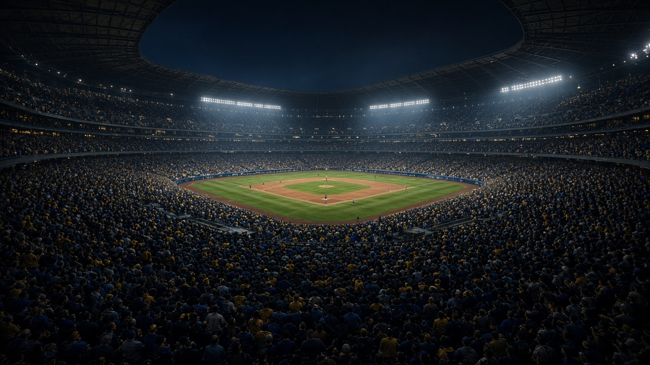 Packed ballpark at night seen from high in the stands, with light banks ringing an open roof above a bright green field