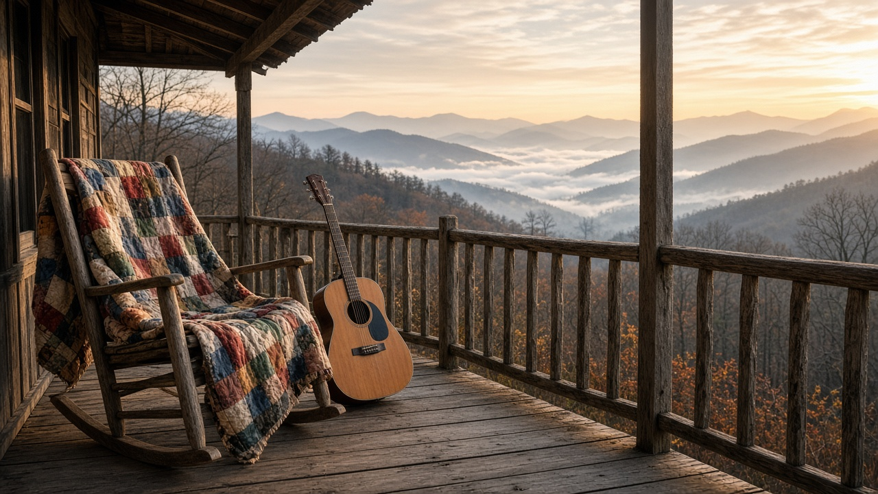 A patchwork quilt draped over a wooden rocking chair beside an acoustic guitar on a cabin porch overlooking misty Smoky Mountain ridges