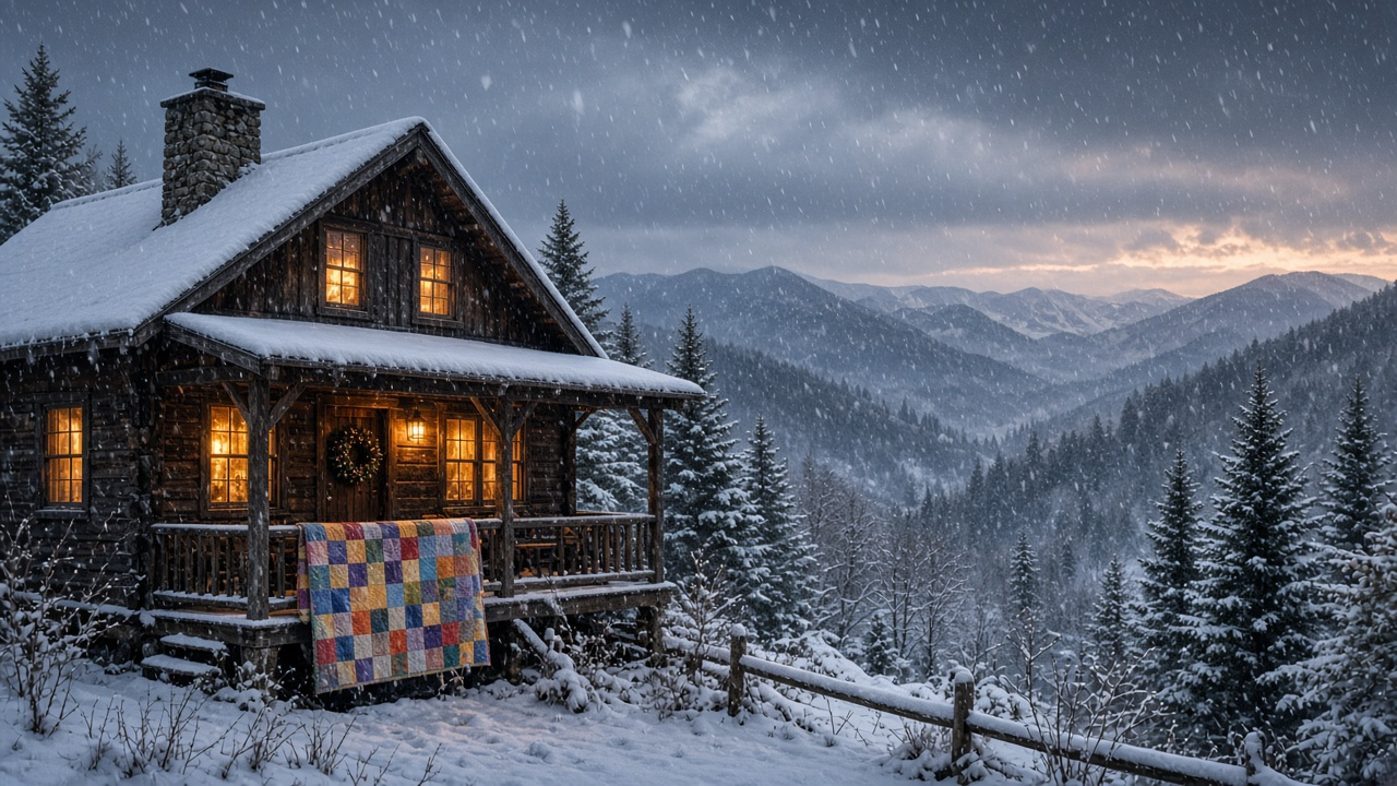 A snow-covered log cabin in the Tennessee mountains at dusk, with glowing windows, a wreath on the door and a colorful patchwork quilt over the porch rail