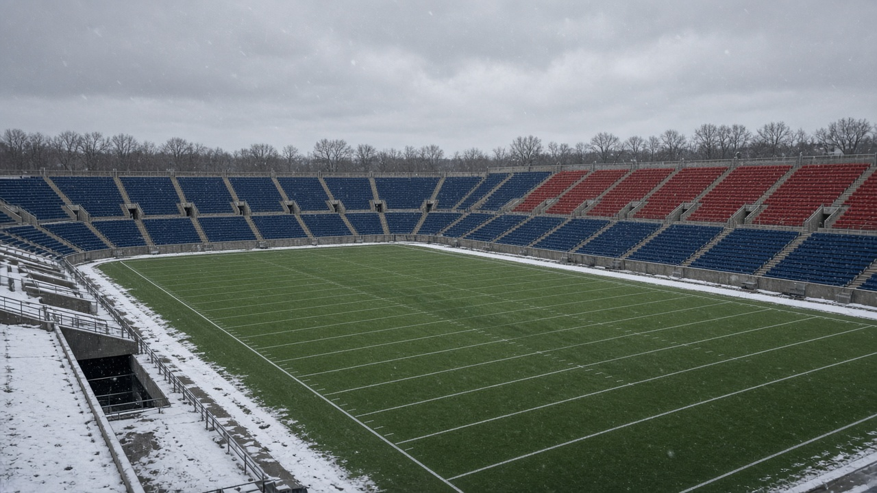 An empty open-air football stadium with blue and red seats under a gray sky with light snow