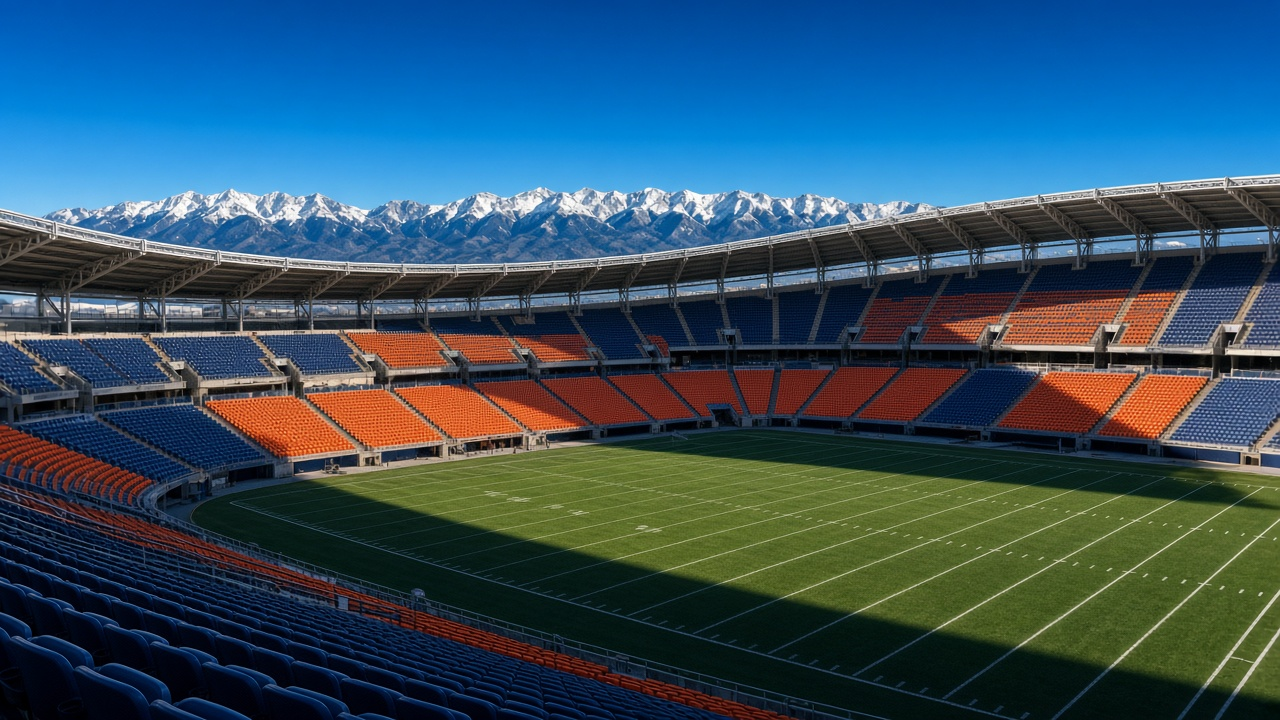 An empty open-air football stadium with orange and blue seats and snowy mountain peaks beyond under a clear blue sky