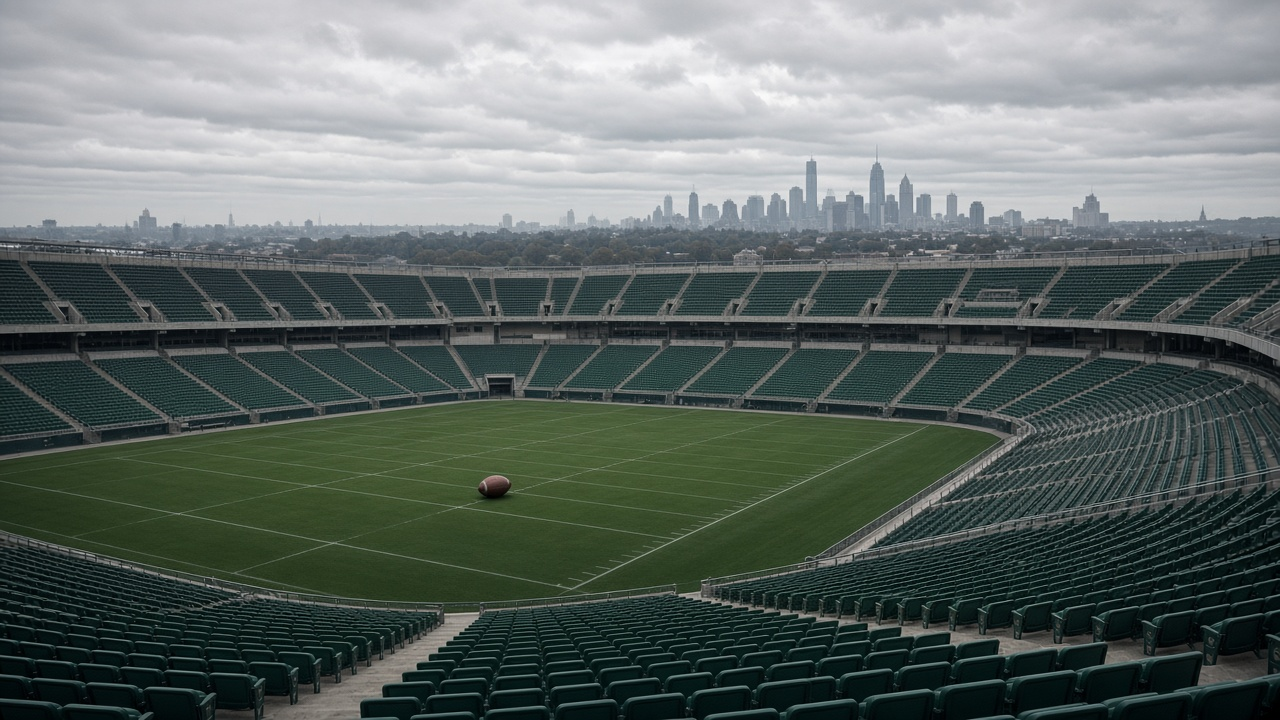 Empty open-air football stadium on a crisp autumn afternoon, empty gray and green seats in tall tiers and a football resting on the turf at midfield