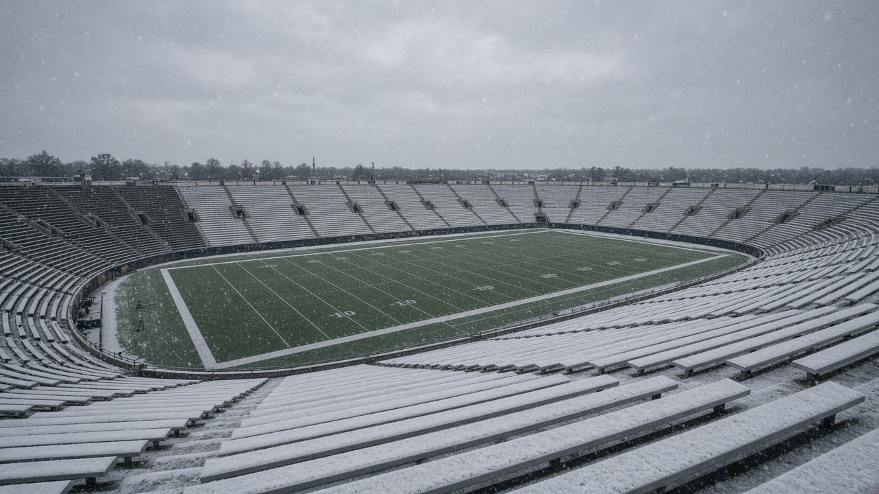 An empty open-air football stadium with snow-dusted bleachers and a green field under a grey December sky