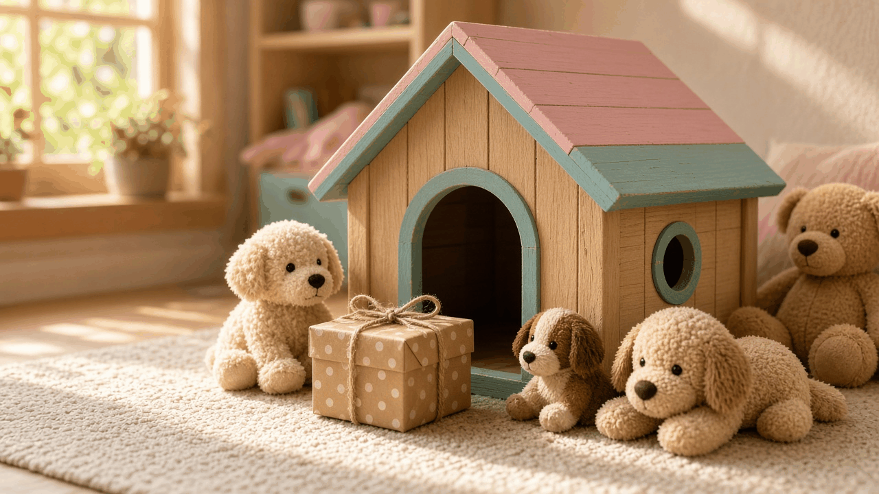 Colorful wooden toy doghouse with a pink and teal roof in a sunny playroom, surrounded by plush puppy toys and a small wrapped gift box on a soft rug, no people, no text, no logos