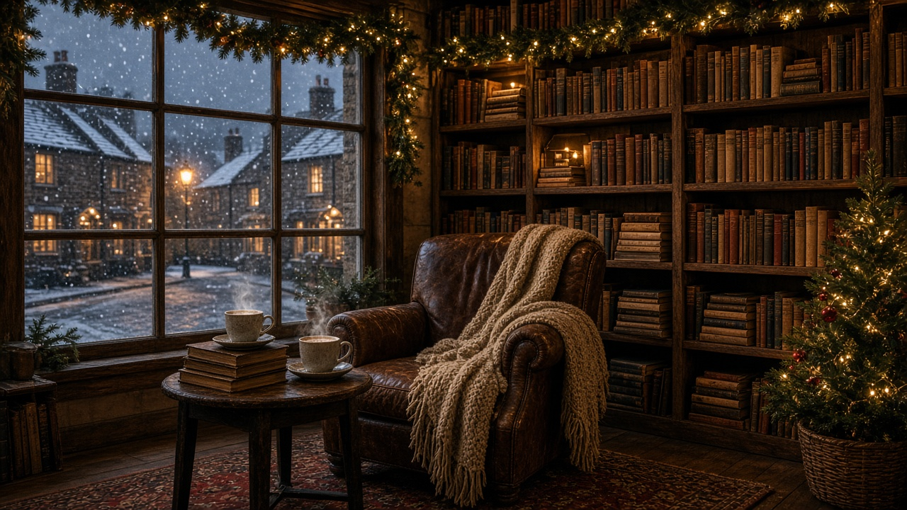 Cozy Welsh village bookshop at Christmas with shelves of old books, an armchair, two coffee cups and snow falling on a stone street outside, no people