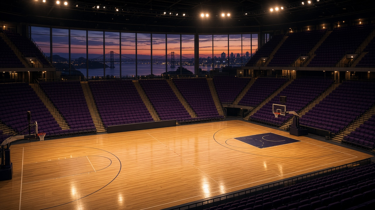 Empty basketball arena with a glossy hardwood court under bright lights and empty seats, no people