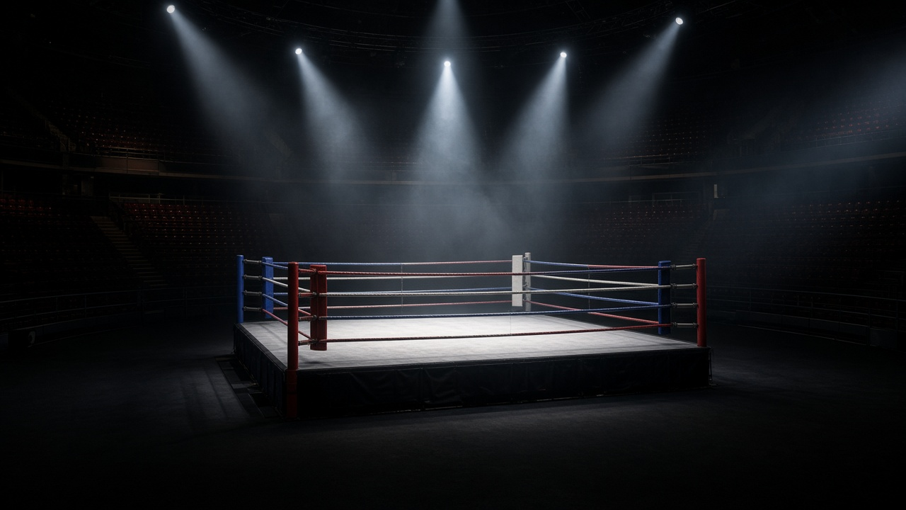 Empty boxing ring with white ropes and blue corner pads under overhead spotlights in a dark arena with empty seats