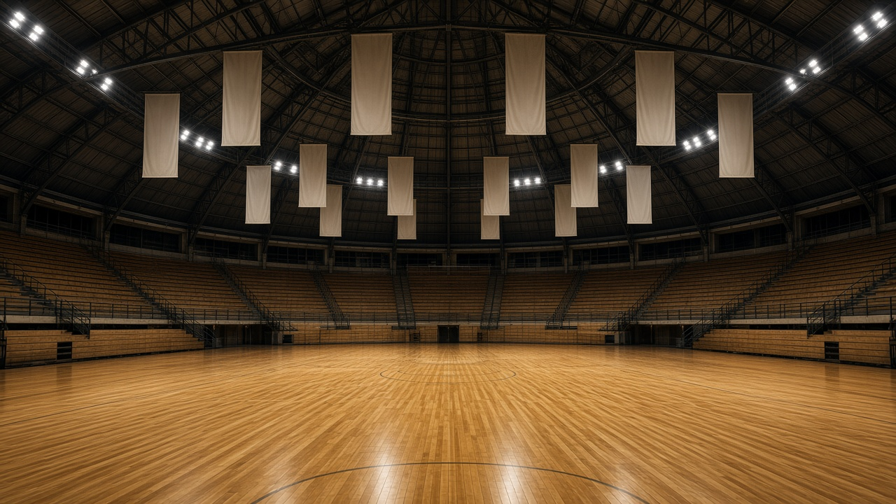 Empty historic college basketball fieldhouse with a gleaming hardwood court, banners in the rafters, empty bleachers, ball at center court, no people