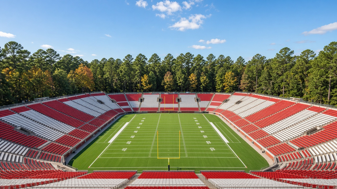 Empty college football stadium with red seats and pine trees on a sunny afternoon, no people