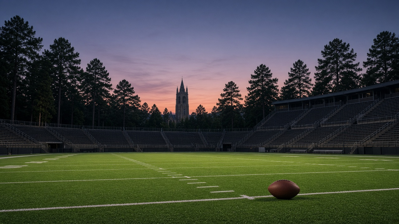 Empty college football stadium at night under bright lights with rows of empty seats and a football resting on the green field