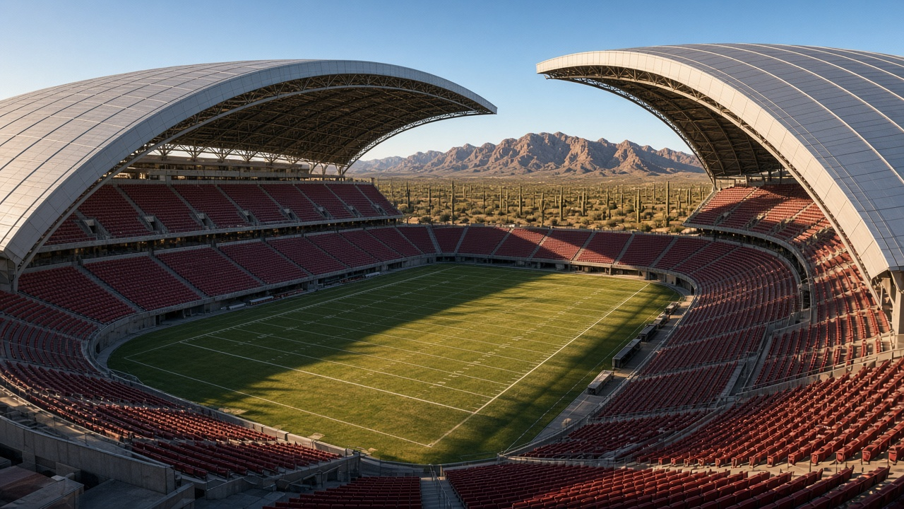 An empty desert football stadium with a curved silver roof, red seats and rugged mountains beyond in late-afternoon sun
